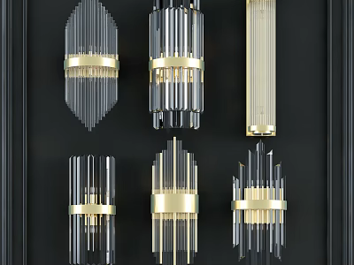 Elegant Modern Wall Lamps With Transparent Glass Strips And Gold Rings 3d model