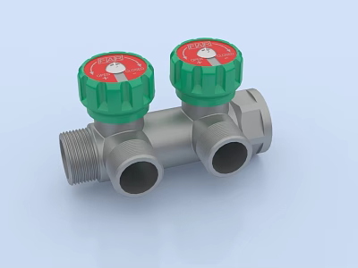 Metal Pipe Valve Fitting With Two Green Control Knobs For Plumbing Systems 3d model