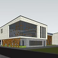 Modern School Building With White Exterior Glass Walls Wooden Decorations Lawn Road Under Blue Sky