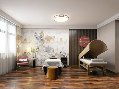 Beauty Hair Salon Relaxing Space With Wooden Floor Chinese Mural Massage Bed And Comfortable Seats 3d model