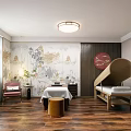 Beauty Hair Salon Relaxing Space With Wooden Floor Chinese Mural Massage Bed And Comfortable Seats