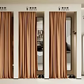 Clothing Store Fitting Rooms With Brown Curtains Full Length Mirror Hanging Clothes And Shoes