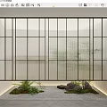 Modern Glass Grid Partition Design With Indoor Plants Stones And Soft Lighting