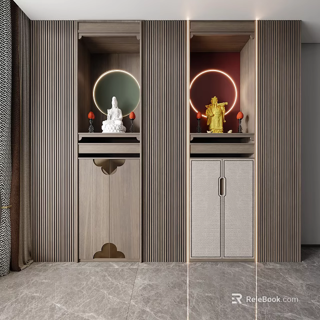 Modern Chinese Style Buddhist Shrine Cabinet With Golden White Buddha Statues And Circular Halo Lights 3d model 