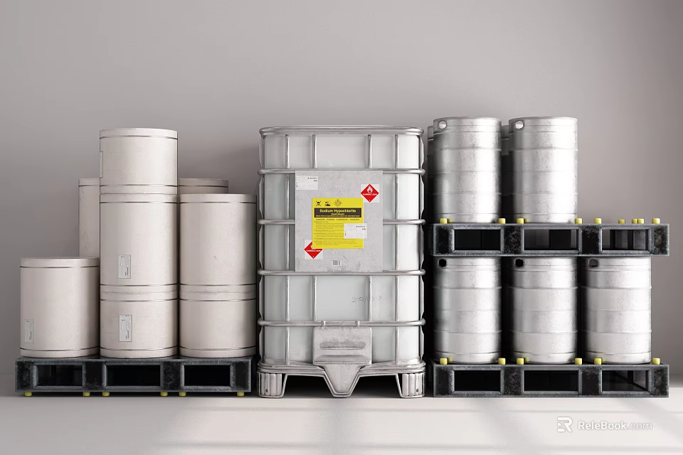 Industrial Equipment Featuring Stacked Metal Drums On Heavy Duty Storage Pallets 3d model 