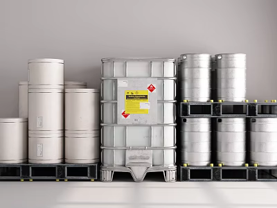 Industrial Equipment Featuring Stacked Metal Drums On Heavy Duty Storage Pallets 3d model