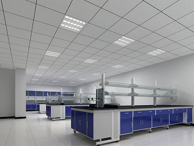 Modern Laboratory Interior Design With Blue Cabinets Lab Benches White Ceiling And Lighting 3d model
