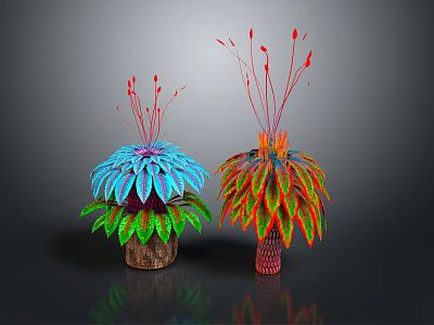 Vibrant Cartoon Plants With Colorful Leaves Red Top Decorations And Different Colored Pots 3d model