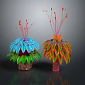 Vibrant Cartoon Plants With Colorful Leaves Red Top Decorations And Different Colored Pots