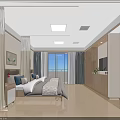 Cozy Bedroom Interior With Wooden Cabinets Blue Curtains Floor to Ceiling Windows And Natural Light