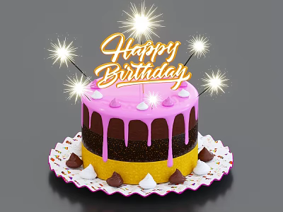 Birthday Cake With Pink Brown Frosting Gold Happy Birthday Topper And Sparklers On Decorative Plate 3d model