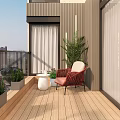 Modern Home Balcony Design With White Curtains Potted Plants And Seating Chairs