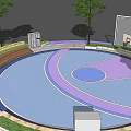 Circular Basketball Court with Blue Purple Surface Surrounded by Trees Stepped Seating and Green Lawn