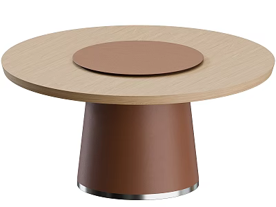 Round Light Wood Dining Table With Brown Circular Center Conical Base And Silver Metal Edge 3d model