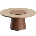 Round Light Wood Dining Table With Brown Circular Center Conical Base And Silver Metal Edge