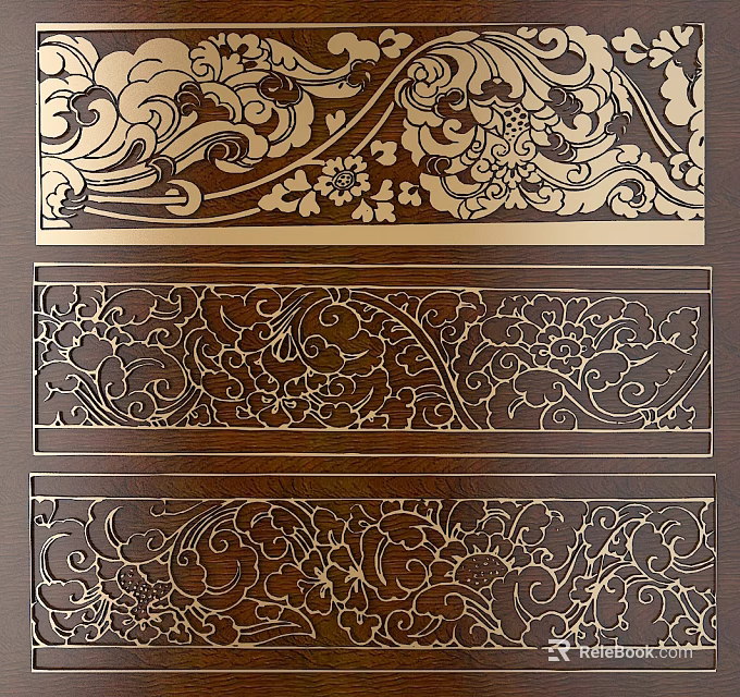 Intricate Wooden Carvings with Detailed Floral Patterns on Decorative Panel 3d model 