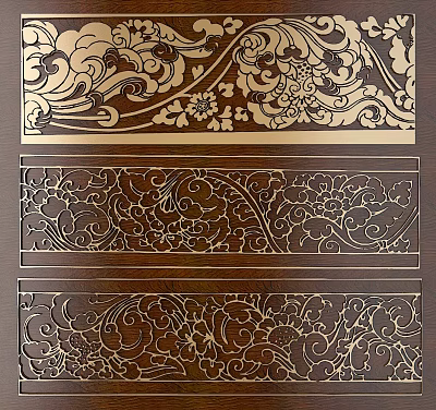 Intricate Wooden Carvings with Detailed Floral Patterns on Decorative Panel 3d model