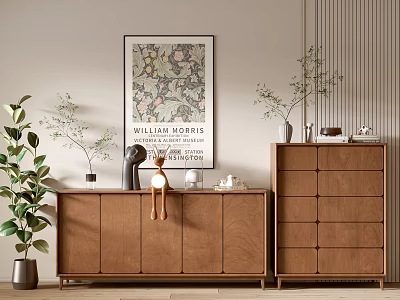 Modern Minimalist Entryway Interior With Wooden Console Table Side Cabinet Green Plants And Decorations 3d model