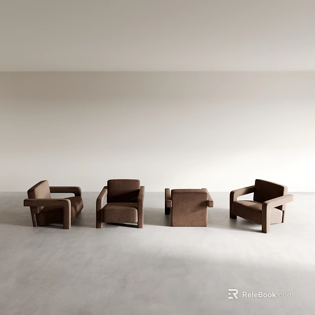 Four Brown Modern Accent Chairs In Spacious Empty Room Interior 3d model 