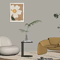 Indoor Cozy Nook with White and Yellow Chairs Floral Art Potted Fern and Woven Rug