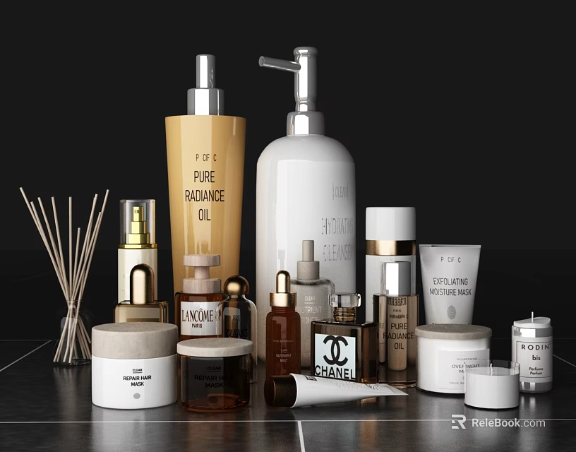 Stylish Bathroom Accessories Including Lotion Bottles Fragrance Sticks and Candles Jars 3d model 