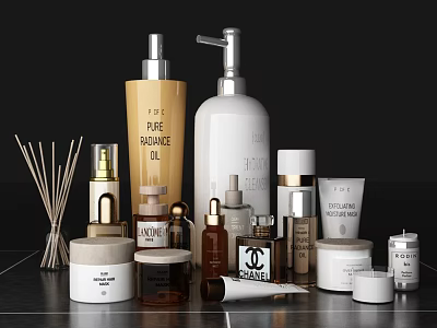 Stylish Bathroom Accessories Including Lotion Bottles Fragrance Sticks and Candles Jars 3d model