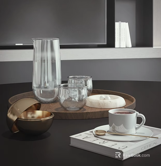 Clear Glass Cups And Pitcher On Wooden Tray With White Mug Gold Bowl And Dessert 3d model 