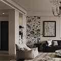 Elegant Modern Living Room Interior With Chandelier Framed Painting Black Leather Sofa And Green Plant