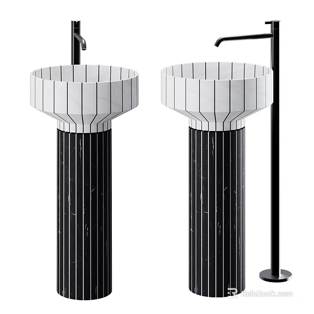 Modern Bathroom White Striped Washbasins With Black Column Bases And Faucets 3d model 