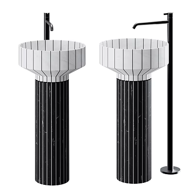 Modern Bathroom White Striped Washbasins With Black Column Bases And Faucets 3d model