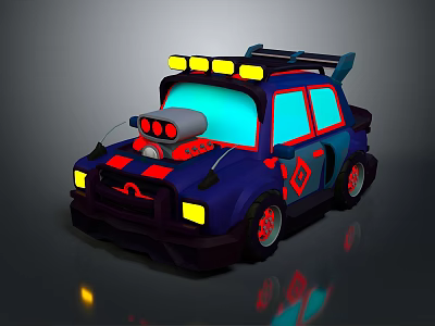 Cartoon Style Blue Car With Red Black Accents Geometric Patterns Roof Lights And Rocket Device 3d model