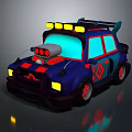 Cartoon Style Blue Car With Red Black Accents Geometric Patterns Roof Lights And Rocket Device
