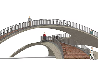 Modern Landscape Bridge With Arched Structure Railings Brick Staircase And People Walking 3d model