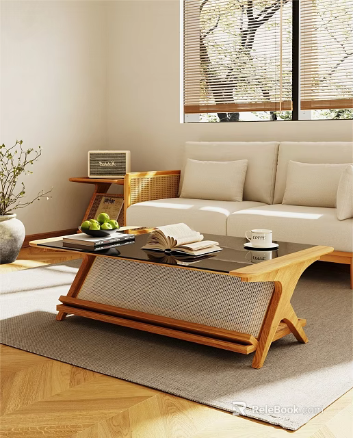 Modern Sofa Coffee Table Set with Wooden Frame Black Glass Top Books and Green Fruits 3d model 