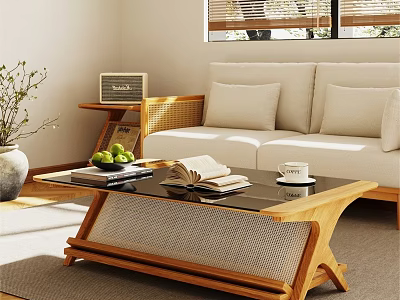 Modern Sofa Coffee Table Set with Wooden Frame Black Glass Top Books and Green Fruits 3d model