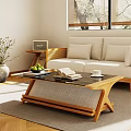 Modern Sofa Coffee Table Set with Wooden Frame Black Glass Top Books and Green Fruits