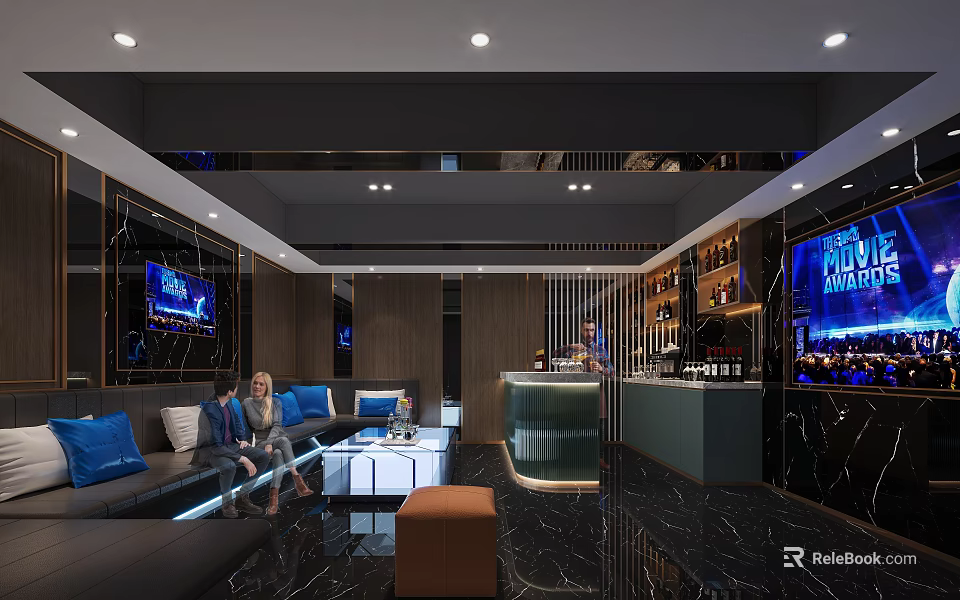 Modern KTV Lounge Interior With Comfortable Sofas Bar Counter And TV Screens 3d model