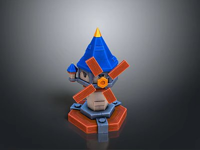 Colorful Windmill Tower Model With Blue Spire Orange Blades Yellow Tip And Red Brick Base 3d model