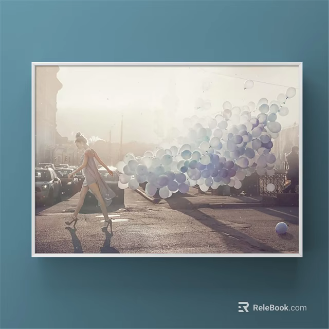Framed Portrait Painting of Woman with Balloons in Street Scene with Soft Light 3d model 