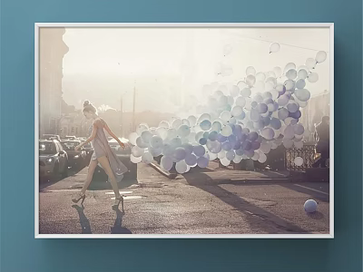 Framed Portrait Painting of Woman with Balloons in Street Scene with Soft Light 3d model