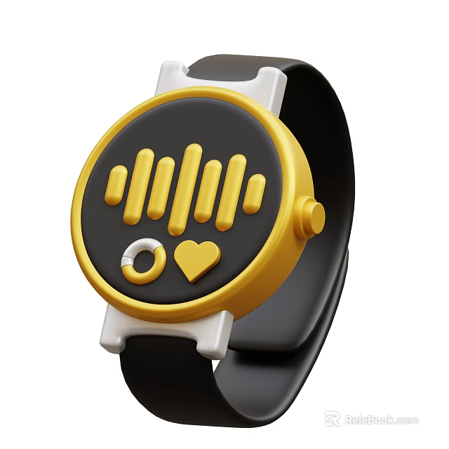 Smart Watch With Round Yellow Black Dial Featuring Wave Pattern Ring And Heart Icons 3d model 