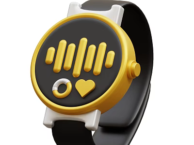 Smart Watch With Round Yellow Black Dial Featuring Wave Pattern Ring And Heart Icons 3d model