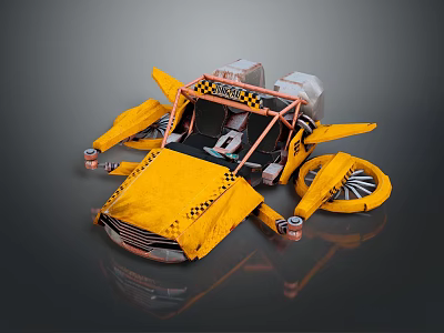 Futuristic Yellow Racing Vehicle With Black Checkered Accents And Mechanical Wing Structures 3d model