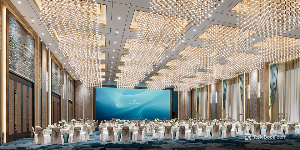 Luxurious Banquet Hall Interior With Crystal Chandeliers Blue Backdrop And Arranged Tables 3d model 