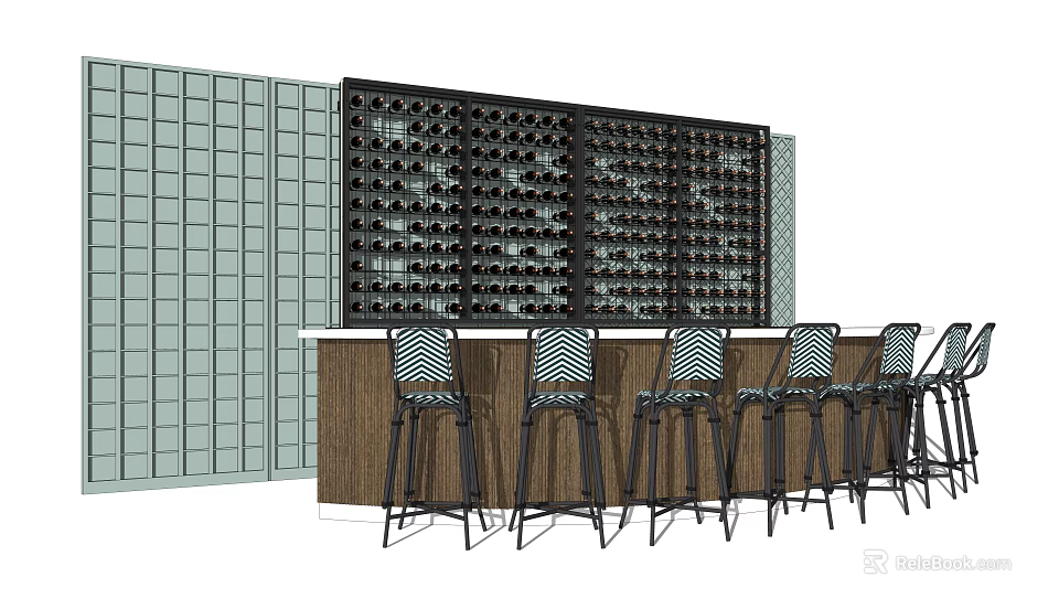Modern Bar Counter Interior With Wine Rack Wine Bottles And Bar Stools 3d model