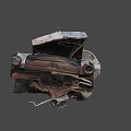 Rusty Damaged Vintage Car With Open Hood Broken Doors And Wrecked Body