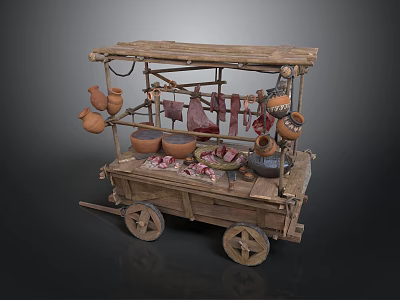 Traditional Wooden Market Cart With Clay Pots Hanging Meat And Bowls 3d model