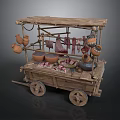 Traditional Wooden Market Cart With Clay Pots Hanging Meat And Bowls