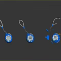 Three Blue Circular Computer Accessories with Lanyard One Disassembled Showing Parts and Small Ball