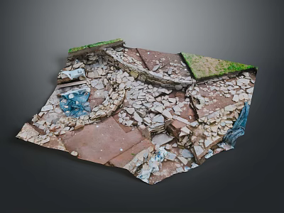 Realistic Broken Ground Model With Colorful Fragments And Green Grass Areas 3d model